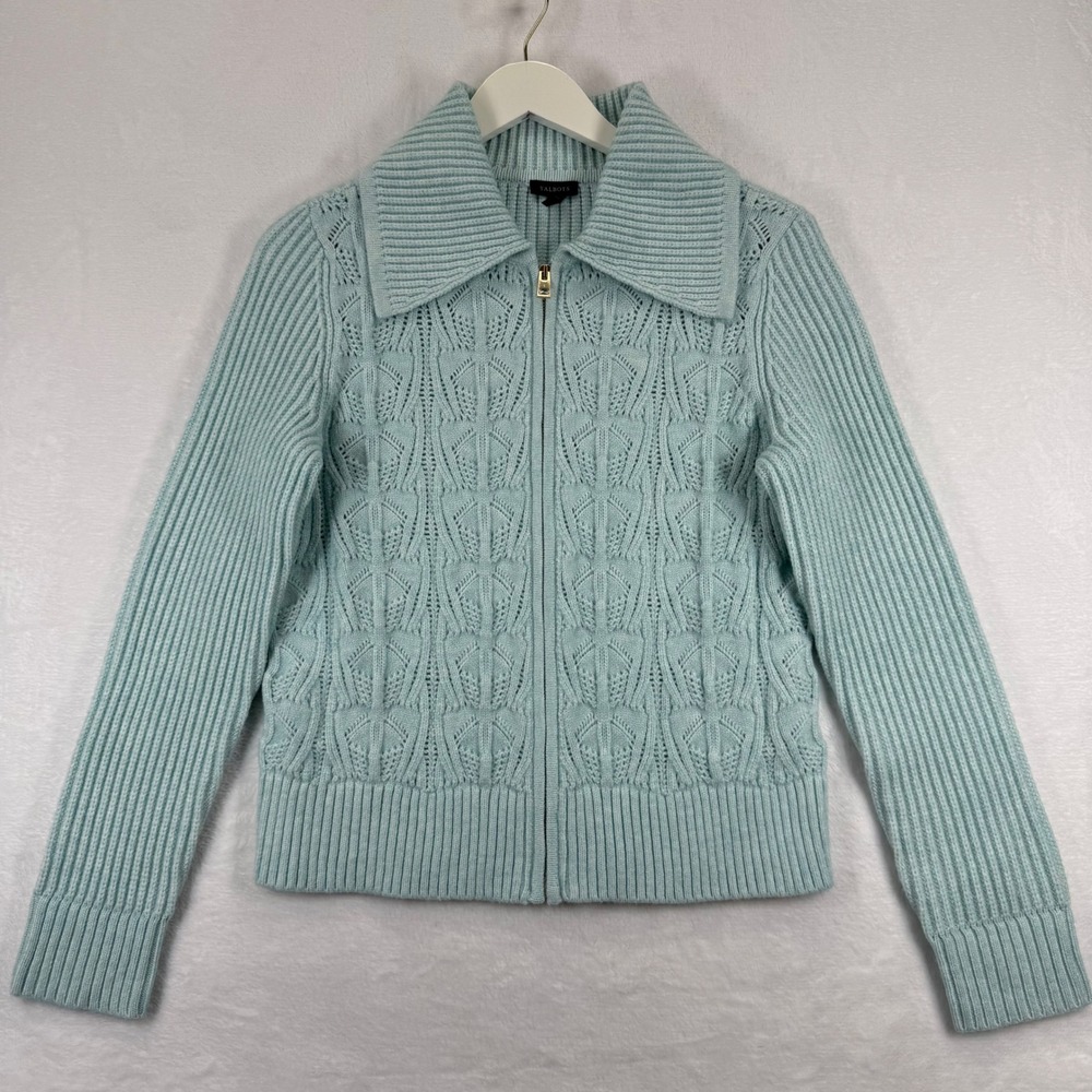 Talbots Womens Medium‎ Light Green Full Zip Pointelle Knit Collared Cardigan